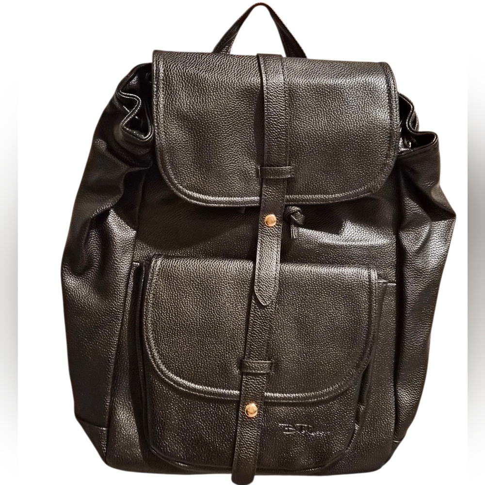 Bob Russo Black Faux Leather Backpack | Drawstring | Multi-Pocket